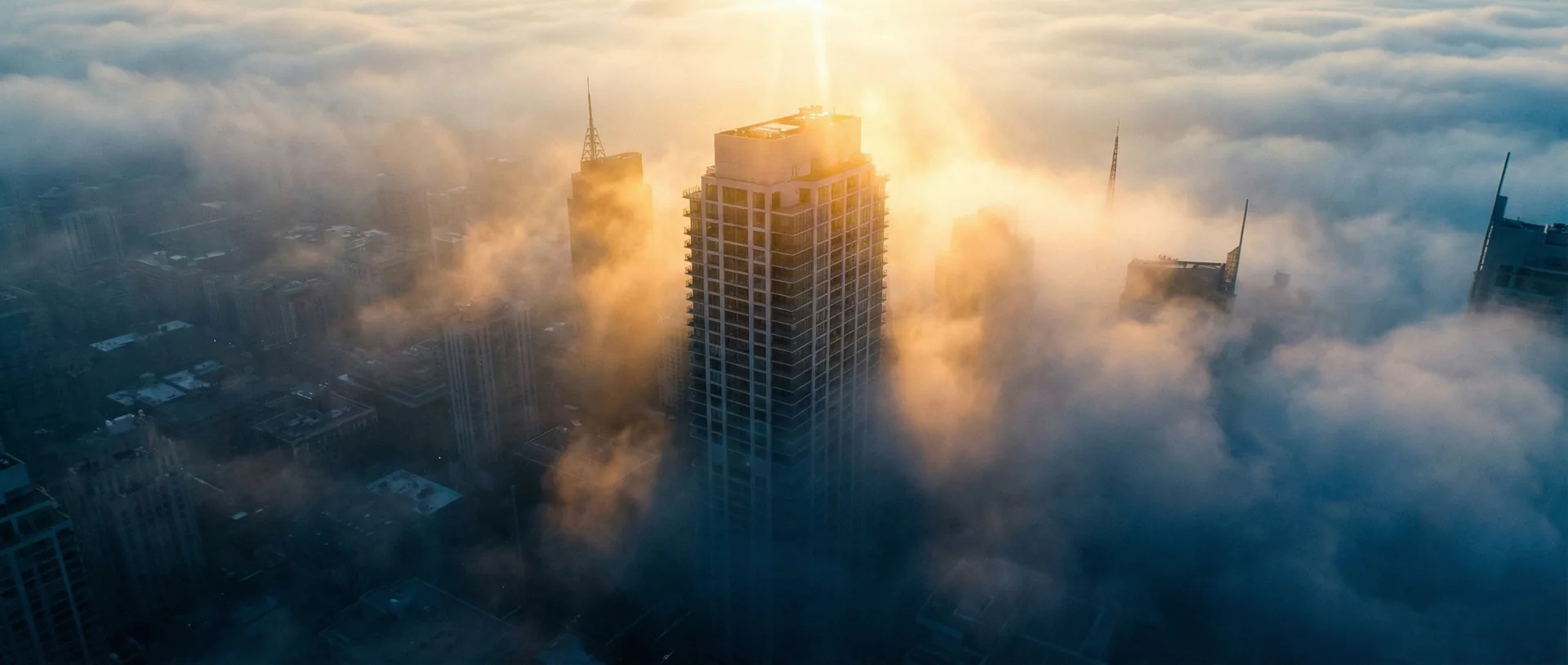 Iconic Commercial Skyscraper Rising Above Morning Clouds